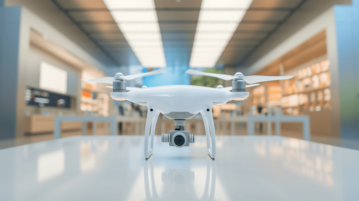 Dron i bardhë me kamerë i ekspozuar në një sallë të ndritshme
